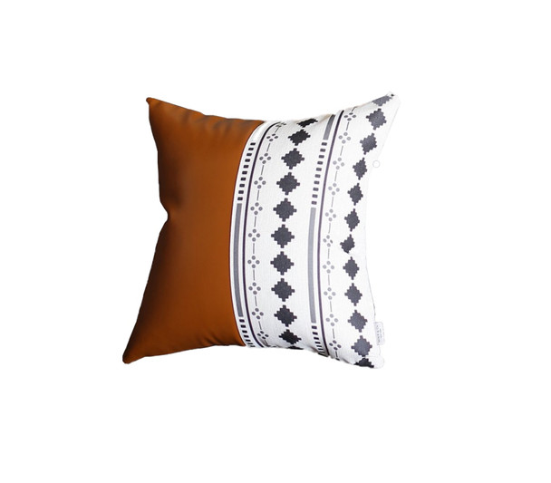 Monochromic Diamond and Brown Faux Leather Pillow Cover