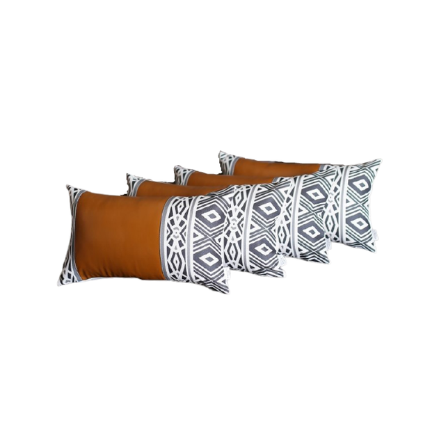 Set of 4 Gray and White Geo with Faux Leather Lumbar Pillow Covers