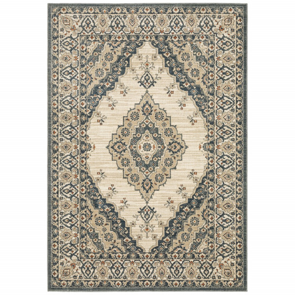 5 x 7 Vintage Beige and Blue Indoor Area Rug