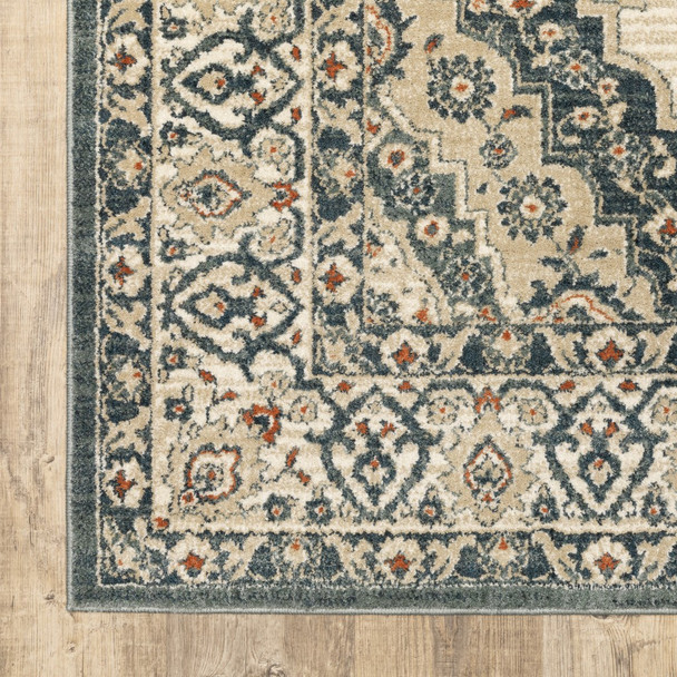 10 x 13 Vintage Beige and Blue Indoor Area Rug