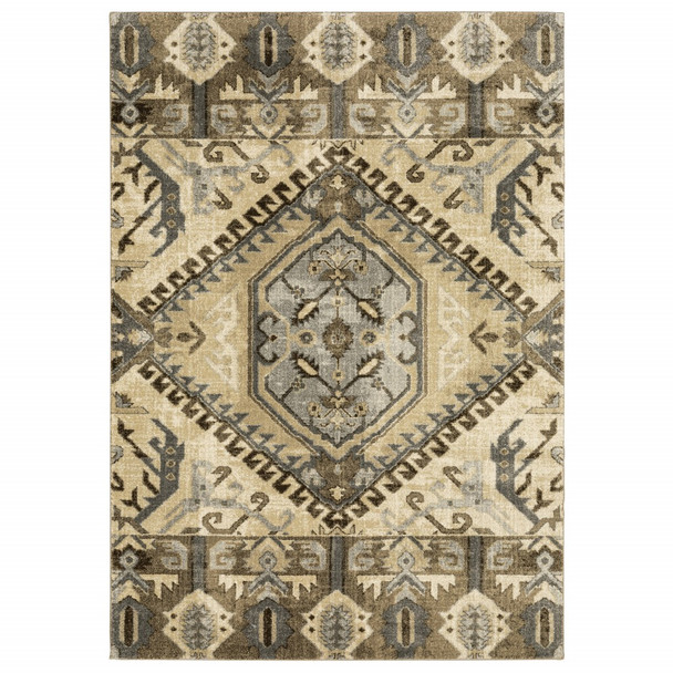 10 x 13 Tan and Gold Central Medallion Indoor Area Rug