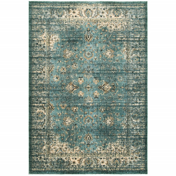 8 x 11 Peacock Blue and Ivory Indoor Area Rug