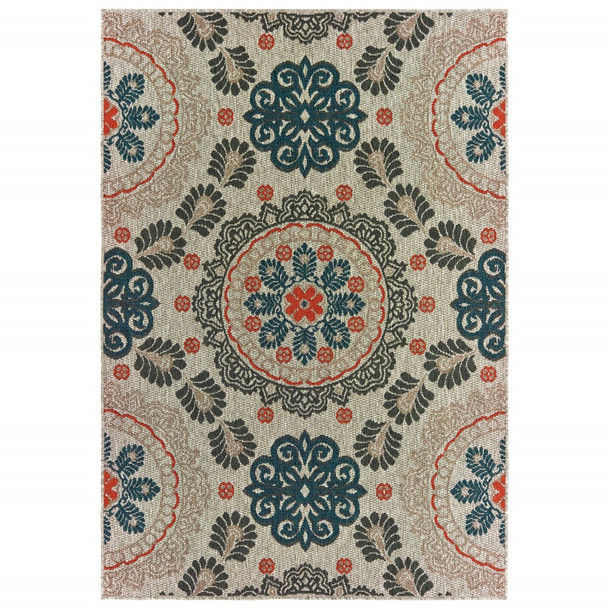 7' x 10' Grey Blue Floral Indoor Outdoor Area Rug