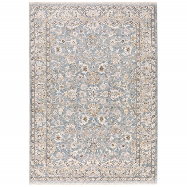 5' x 8' Blue Ivory Machine Woven Floral Oriental Indoor Area Rug