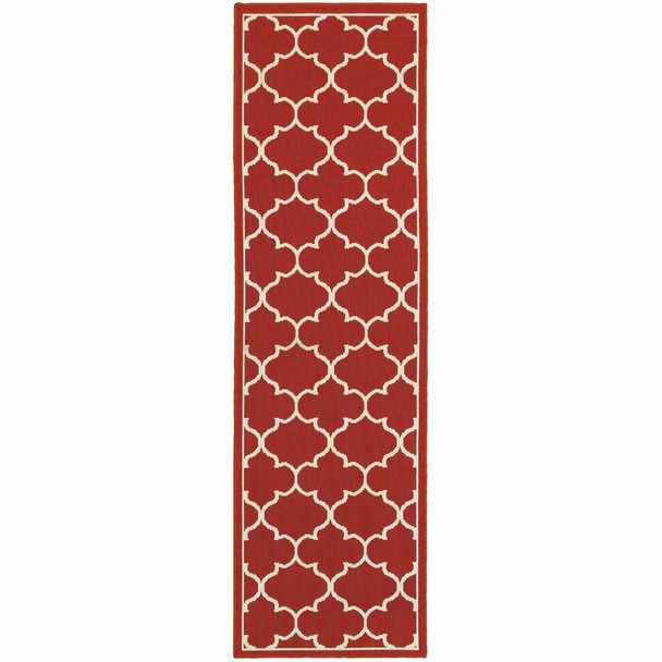 2x8 Red and Ivory Trellis Indoor Outdoor Runner Rug