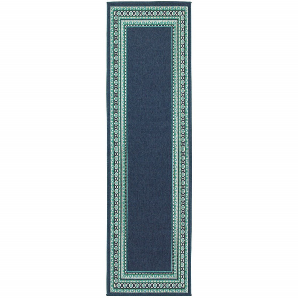 2x8 Navy and Green Geometric Indoor Outdoor Runner Rug