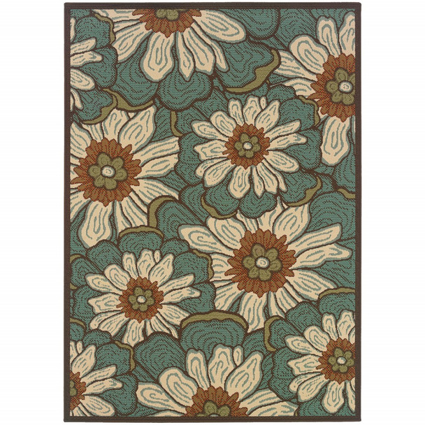 7x10 Blue and Brown Floral Indoor Outdoor Area Rug