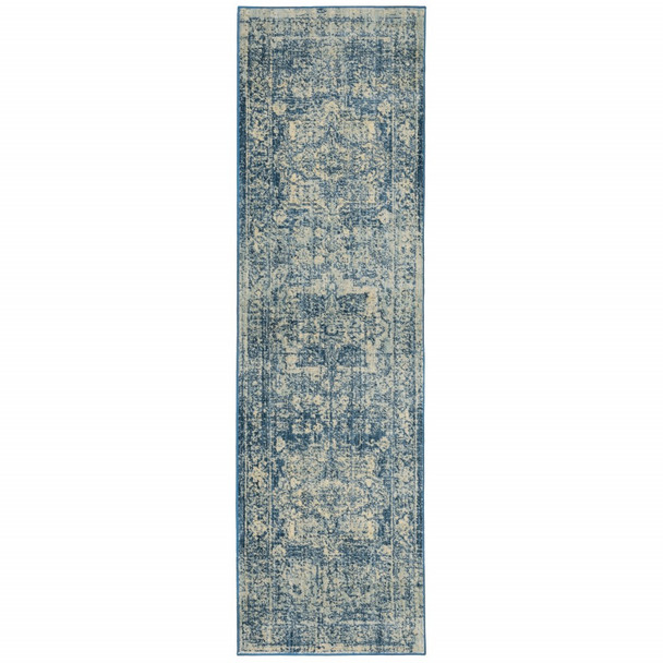 2x8 Ivory and Blue Oriental Runner Rug