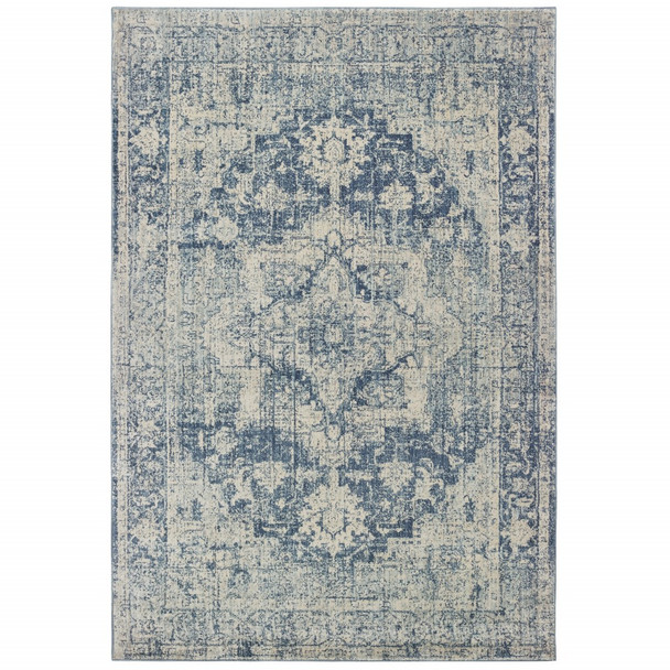 7x10 Ivory and Blue Oriental Area Rug