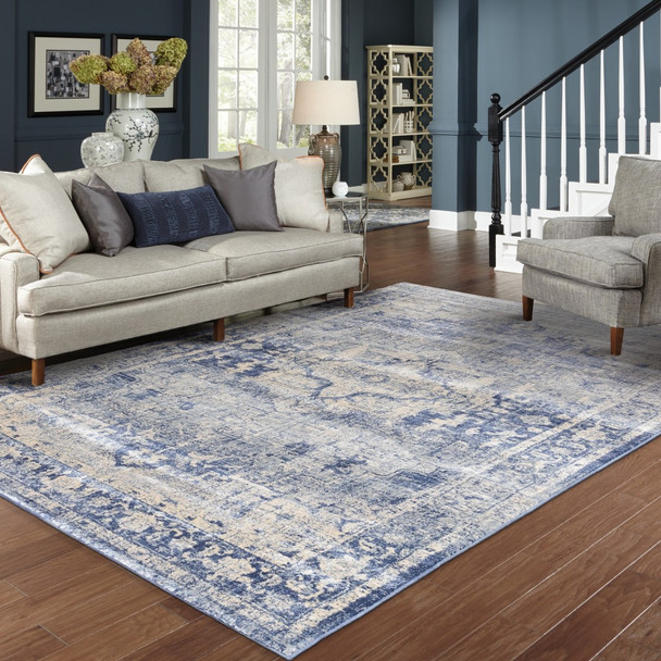 8x11 Ivory and Blue Oriental Area Rug