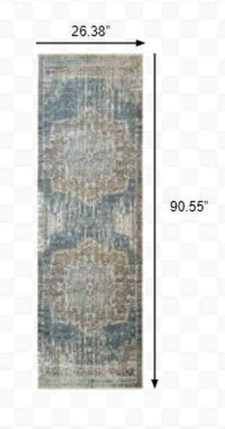 2x8 Blue and Ivory Medallion Runner Rug