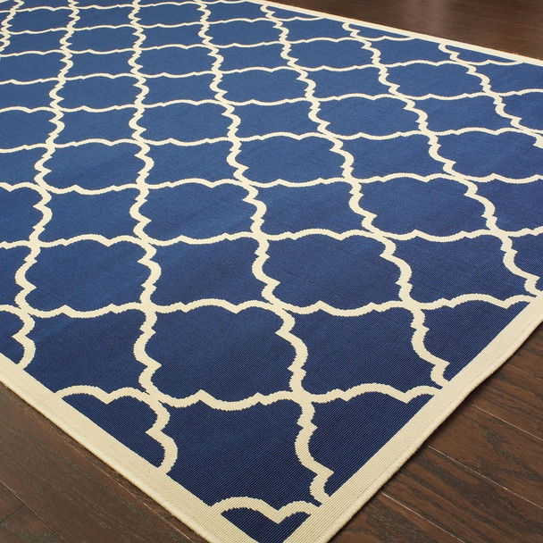 9x13 Blue and Ivory Trellis Indoor Outdoor Area Rug