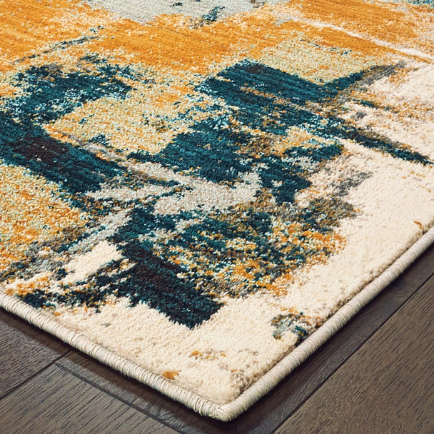 2x8 Blue and Gold Abstract Strokes Runner Rug