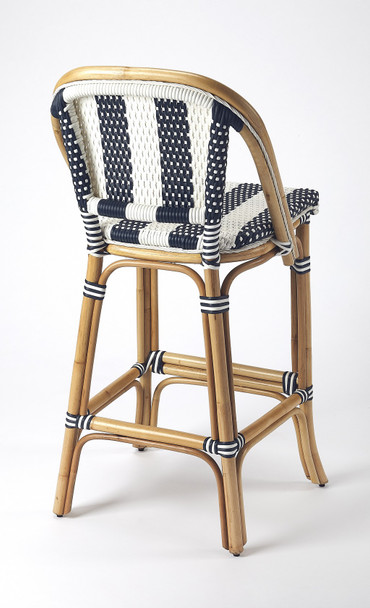 Blue and White Striped Rattan Bar Stool