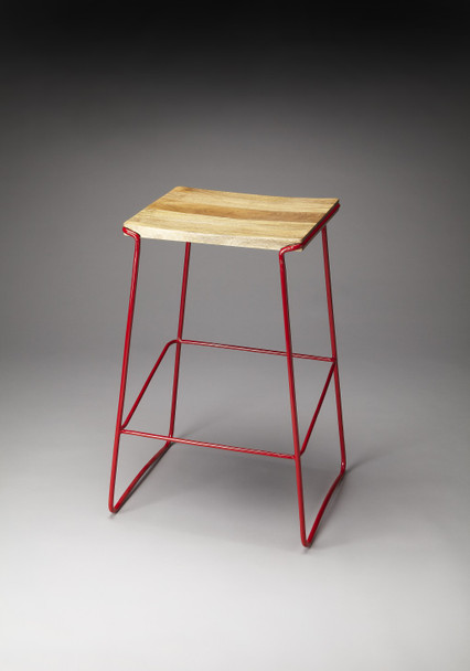 Wood and Red Metal Bar Stool