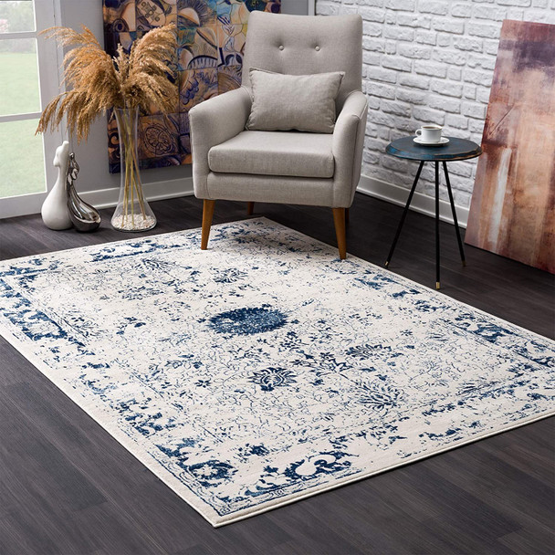 8 x 11 Navy Blue Distressed Floral Area Rug