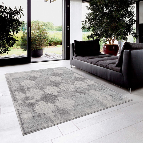 5 x 8 Gray Distressed Trellis Pattern Area Rug