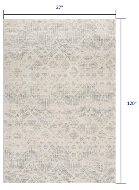 2 x 10 Ivory Distressed Ikat Pattern Runner Rug