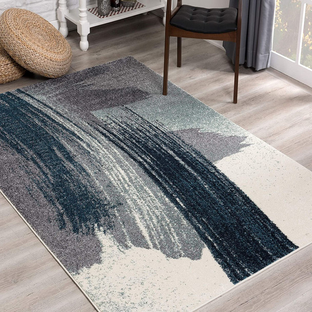 7 x 9 White and Blue Abstract Strokes Area Rug