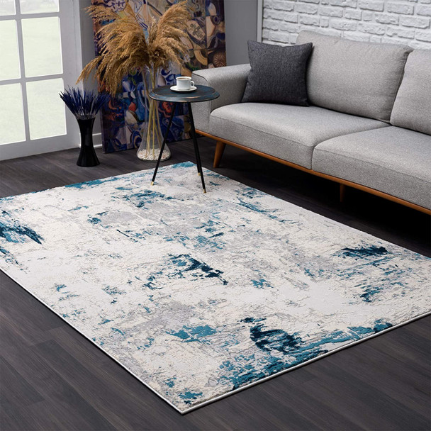 3 x 5 Blue and Ivory Abstract Strokes Area Rug