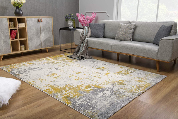 2 x 10 Gold and Gray Abstract Runner Rug