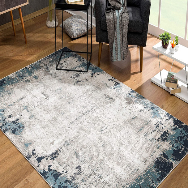 4 x 6 Blue and Ivory Modern Abstract Area Rug