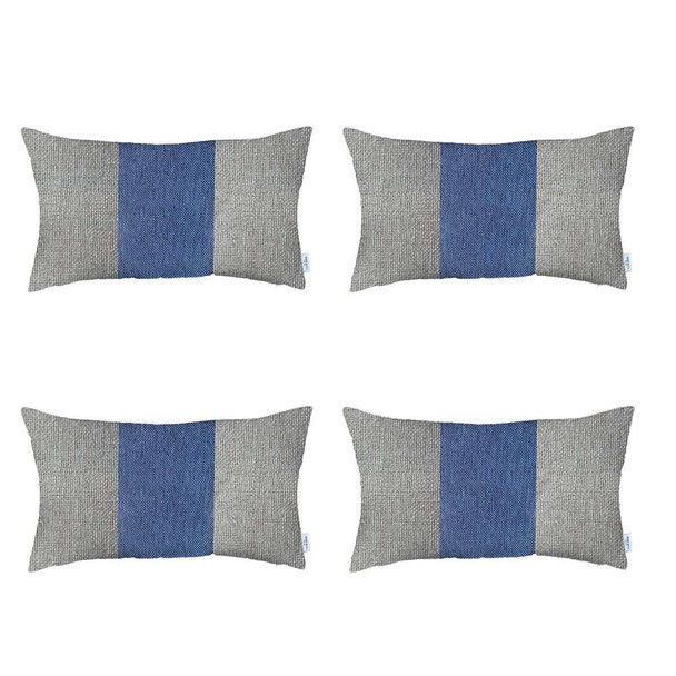 Set of 4 White and Blue Lumbar Pillow Covers