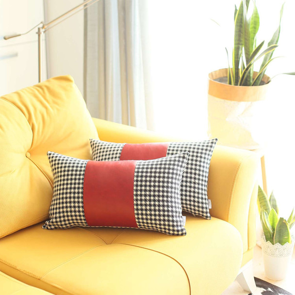 Set of 2 Red Houndstooth Lumbar Pillow Covers