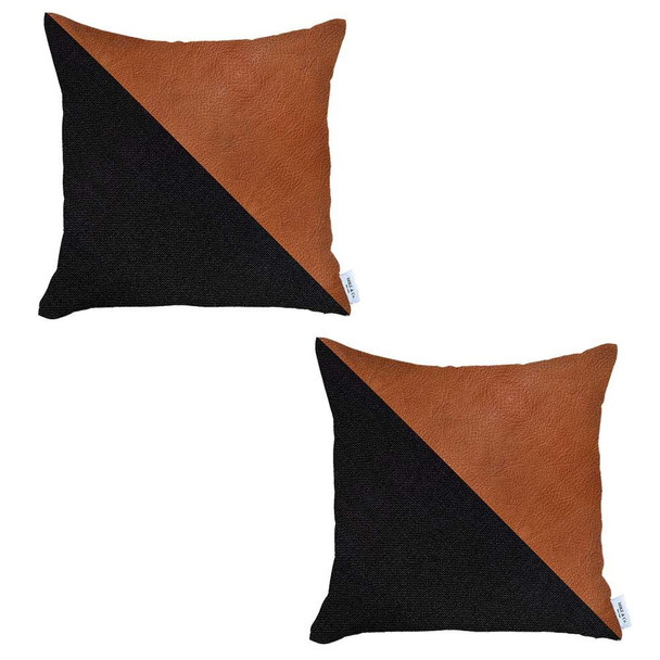 Set of 2 Black and Faux Leather Lumbar Pillow Covers