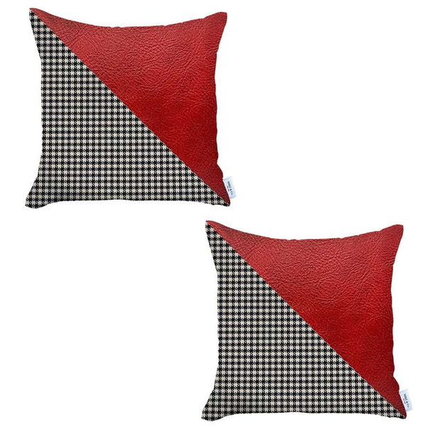 Set of 2 Houndstooth Red Faux Leather Pillow Covers