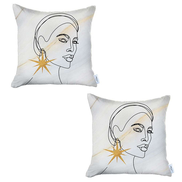 Set of 2 White Printed Art Pillow Covers