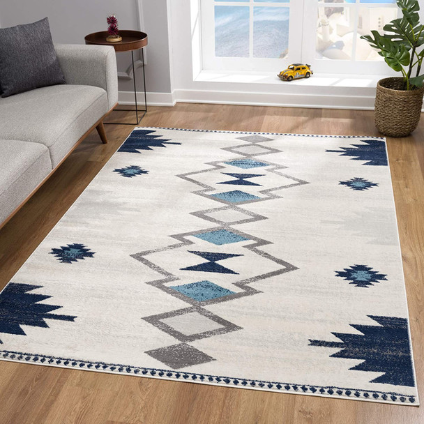 2 x 10 Navy and Ivory Tribal Pattern Runner Rug