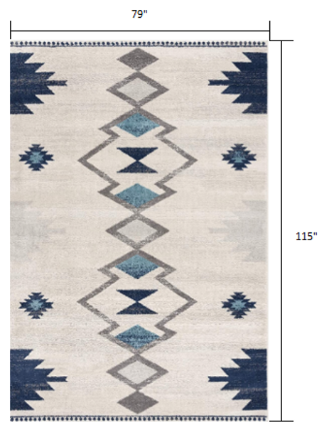 7 x 10 Navy and Ivory Tribal Pattern Area Rug