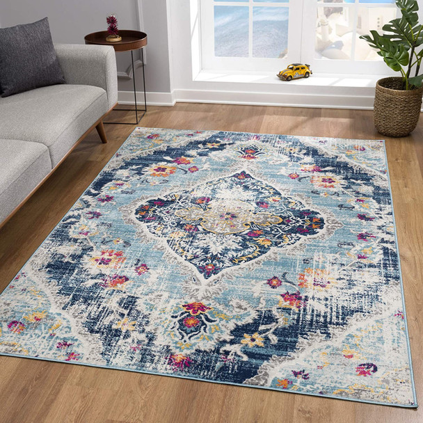 2 x 4 Blue Distressed Medallion Area Rug