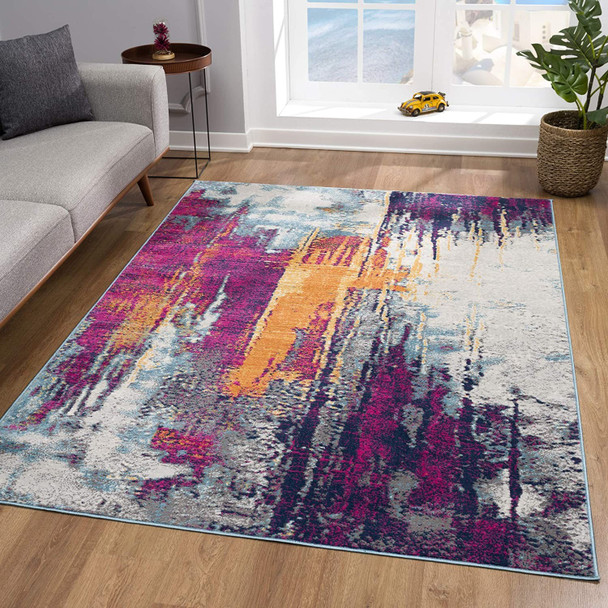 2 x 13 Gray and Magenta Abstract Runner Rug