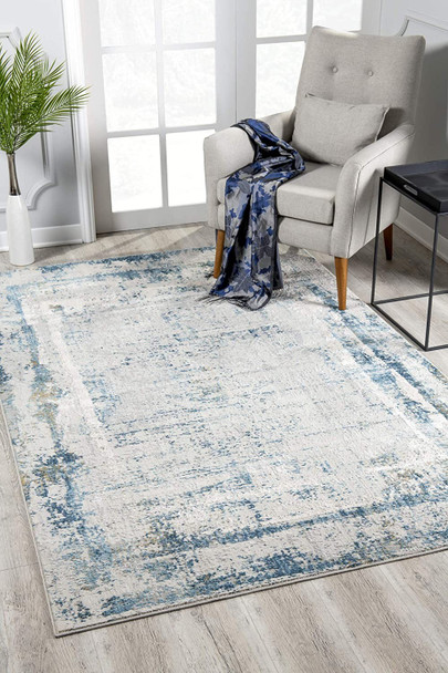 8 x 11 Ivory and Blue Abstract Distressed Area Rug