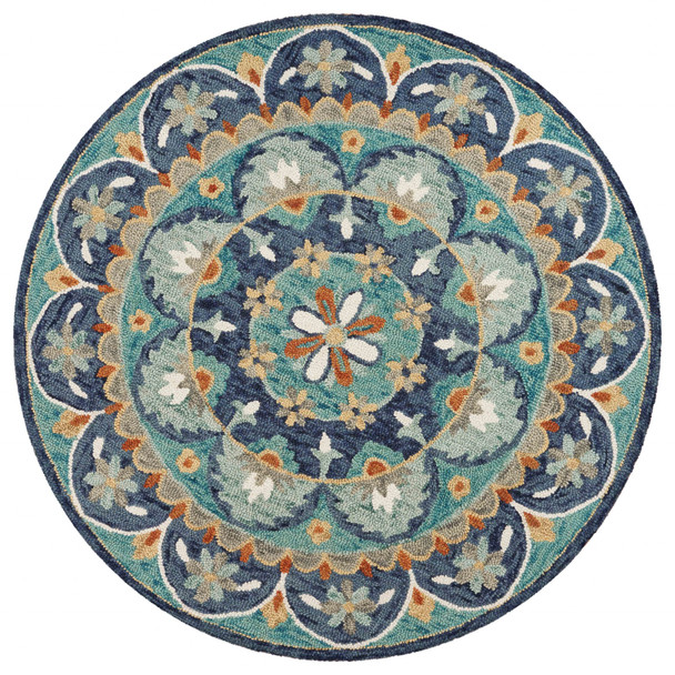 6 Round Blue Floral Mandala Area Rug