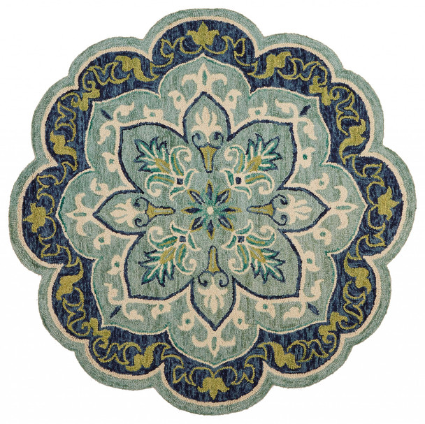 6 Round Blue Ornate Medallion Area Rug