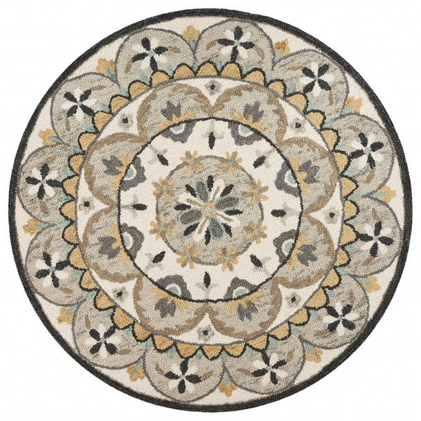 4 Round Gray and Ivory Floral Bloom Area Rug