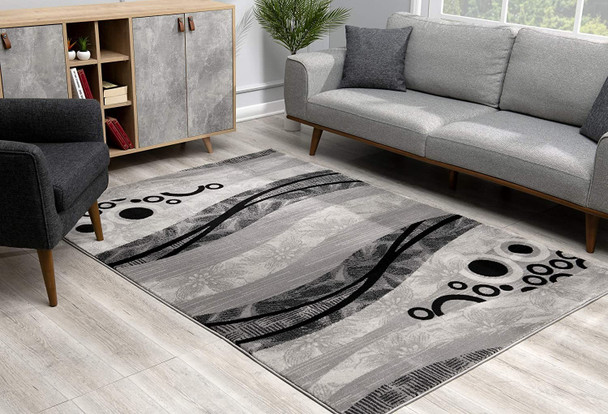 8 x 11 Gray and Black Abstract Waves Area Rug