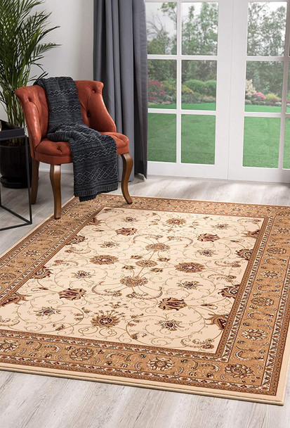 2 x 8 Cream and Tan Ornate Border Runner Rug