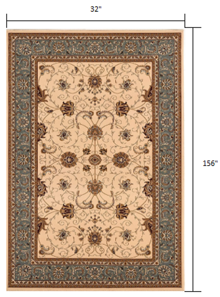 3 x 13 Cream and Blue Traditional Runner Rug