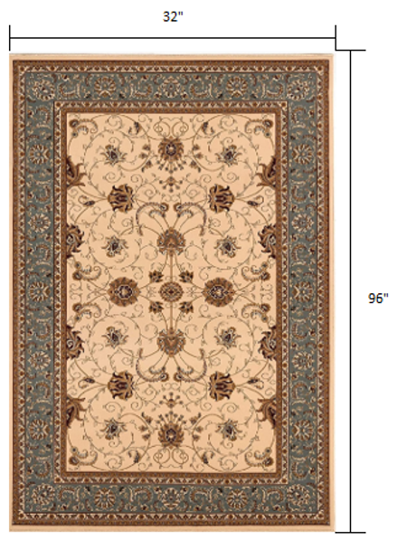 3 x 8 Cream and Blue Traditional Runner Rug