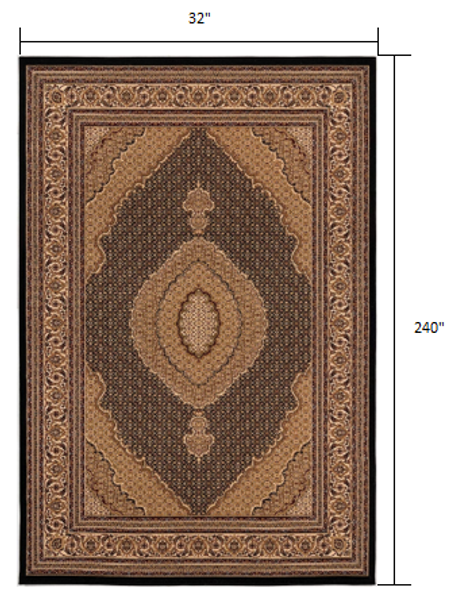 3 x 20 Black and Beige Medallion Runner Rug