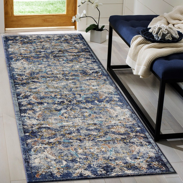 2 x 9 Blue and White Jacobean Pattern Runner Rug