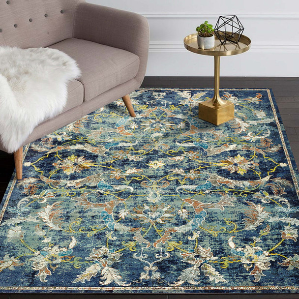 5 x 8 Blue and White Jacobean Pattern Area Rug