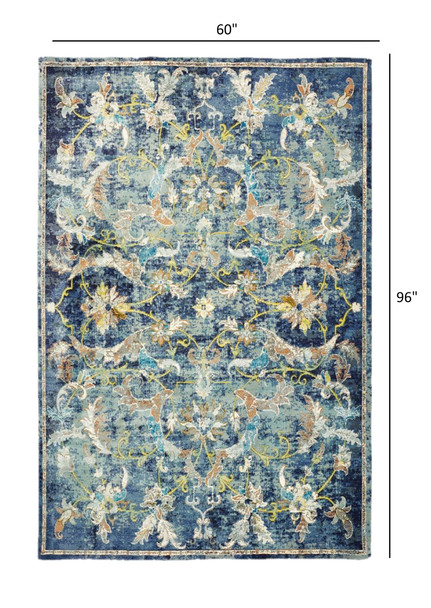 5 x 8 Blue and White Jacobean Pattern Area Rug