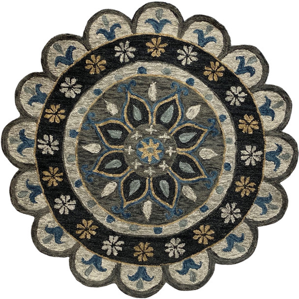 3 Round Gray Border Floral Medallion Area Rug