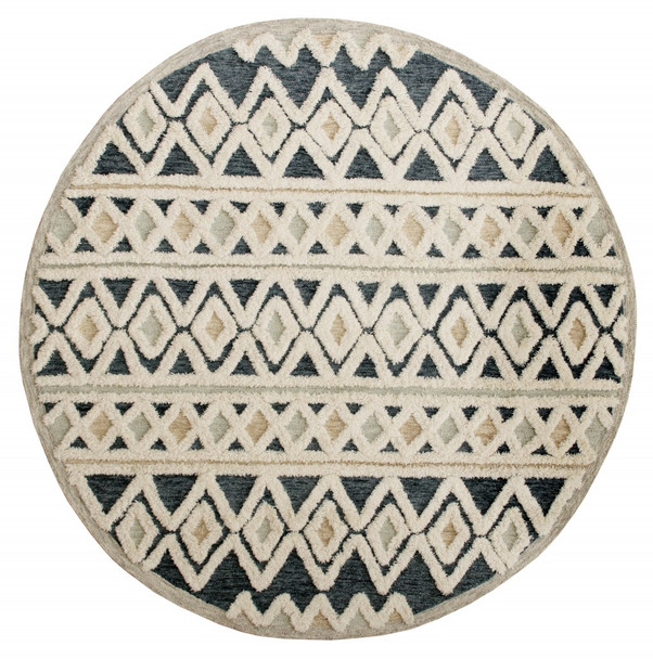 6 Round Blue and Cream Striped Diamonds Area Rug