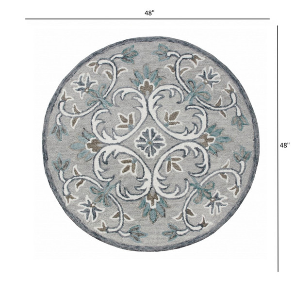 4 Round Gray and White Filigree Area Rug